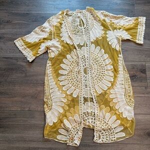 Ember Mustard Yellow Sheer Embroidered Lace Mid-Length Women’s Kimono Cardigan